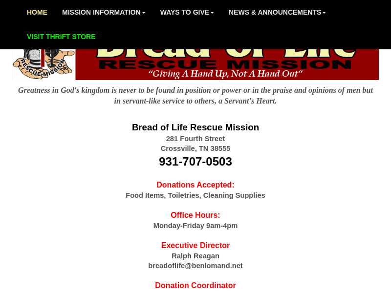 Bread of Life Rescue Mission - 281 SW 4th St, Crossville, TN